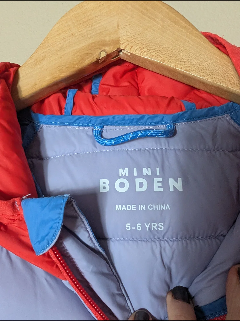 Mini Boden Lavender Body Blue Sleeves Puffer Jacket with Red Trim Size 5/6